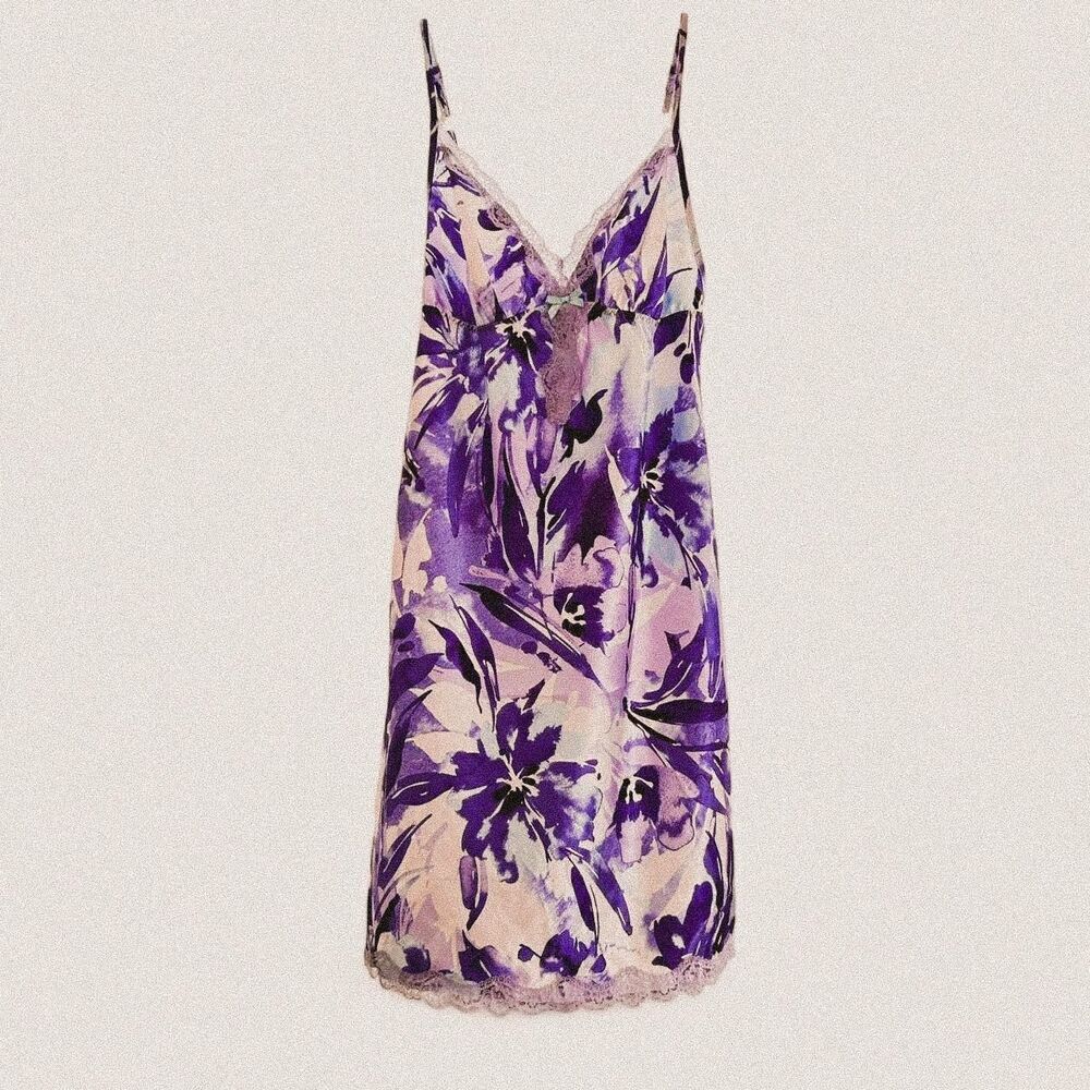 Y2K Silky Sheen Purple Floral Lace Babydoll Slip Dress – Retro Coquette Glam S